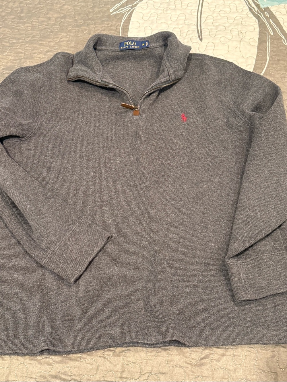 Ralph Lauren Gray Knit Quarter-Zip Sweater with Pink Pony
